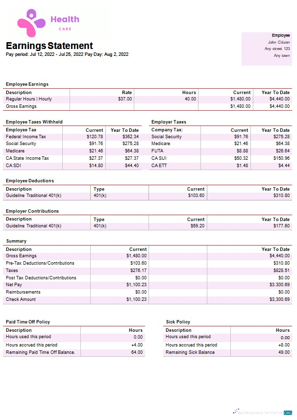 Download health services company paystub template in Word and PDF formats Photoshop template